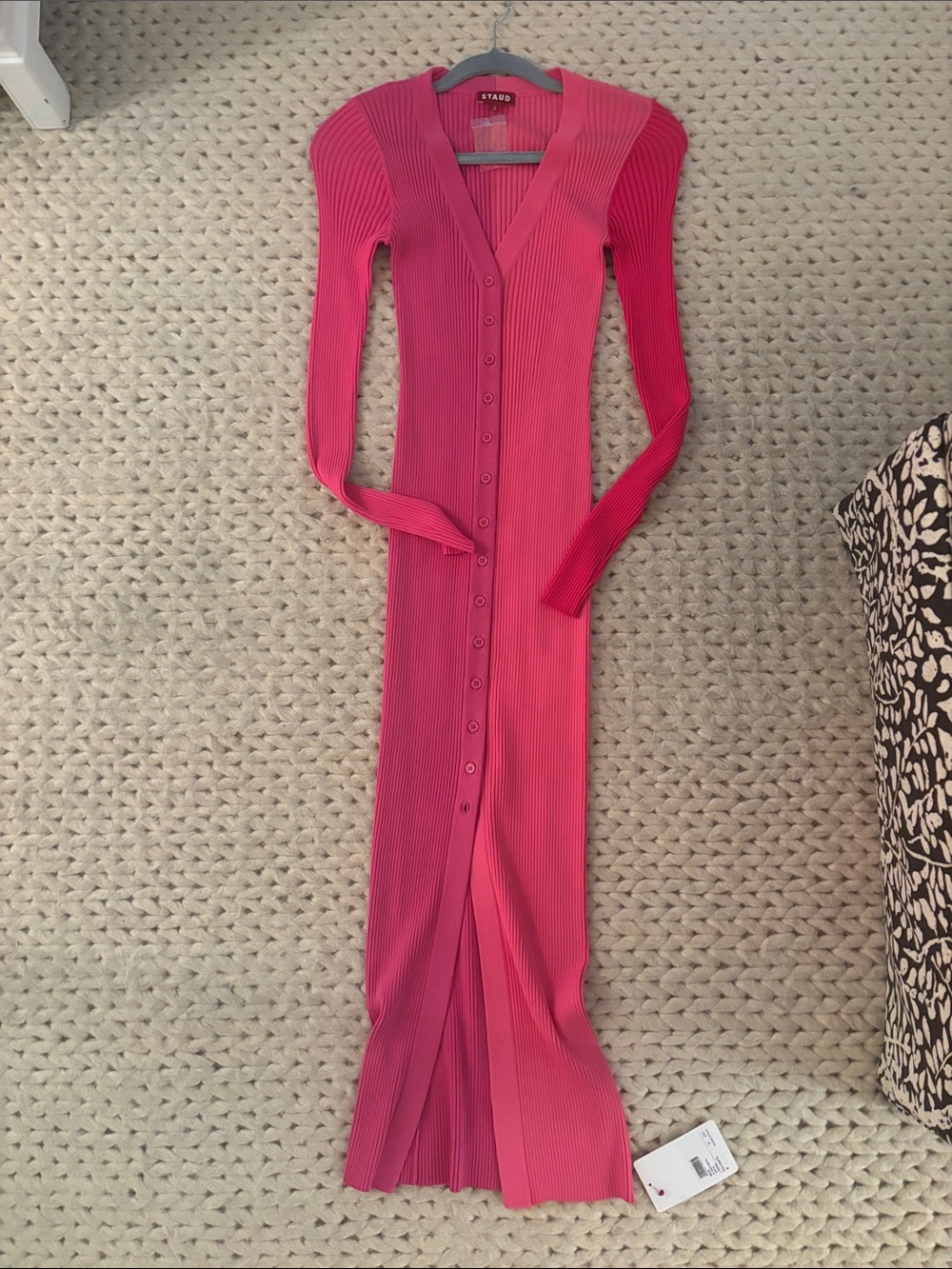 STAUD Two-Tone Hot Pink Maxi Button-Front Knit Dress